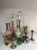 A box of continental brass table lamps, hurricane lamps,