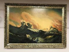 An oil on board depicting a boat in stormy seas