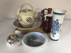 A tray of Delft ware plate, pottery storage jar, vases,
