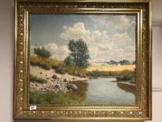 A continental oil on canvas depicting a farm landscape