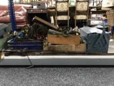 Two sash clamps, metal tool box and tools, three boxes of hand tools, electric drill,