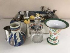 A box of beer stein, candelabra, Chameleon ware vase,