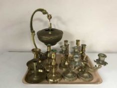 A tray of brass ware and a spirit kettle on stand