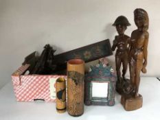 A box of fringed Persian saddle bag, carved figures,