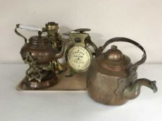 A tray of antique copper kettle, kettle on stand, kitchen scales,