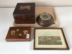 A tray containing a colour print, tally ho,