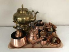 A tray of brass spirit kettle on stand, copper ware,