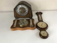 A tray of oak mantel clock and two barometers