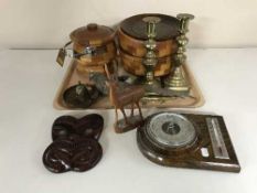 A tray of wooden bowl, candlesticks, plated ware,