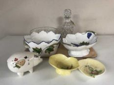 A tray of Thomas Webb crystal fruit bowl, decanter with stopper, two Carlton ware dishes,