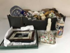 Three boxes of assorted china and glass ware,