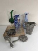 A tray of glass vases, Regency Ironstone vase, brush set, metal trinket box,