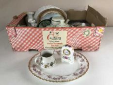 Two boxes containing Churchill dinner service, Doulton teapots, Doulton mantel clock,