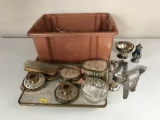 A tray of plated and stainless steel cutlery and a dressing table set