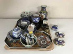 Two trays of oriental china, cloisonne miniature vase,