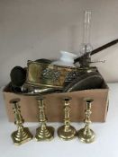 A box containing a large quantity of brass ware including bed warming pan, candlesticks,