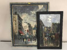 A gilt framed oil on panel - abstract street scene, signed E.