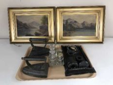 A tray of wooden six piece desk stand, three metal flat irons,