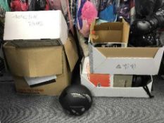 Five boxes of protective knee pads, boxing gloves, hand bags,