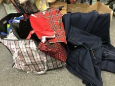 Six bags and boxes of clothing, knit wear, tops,