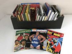 Three boxes of assorted books and annuals - boxing, Dr Who, Batman,