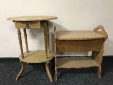 An oak occasional table and oak sewing table