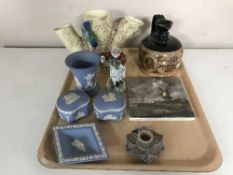 A tray of Falcon Ware three way vase, Royal Doulton flagon, jasper ware,