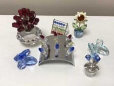 Six Swarovski crystal ornaments - Three flowers in vases, two butterflies and an Abbacus,