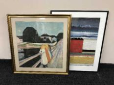 A framed contemporary study - Beach hut together with an Edward Monk framed print - Girls on the