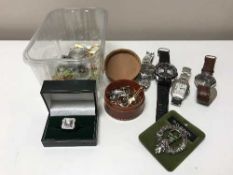 A box of wrist watches, Accurist, Seiko together with costume jewellery,