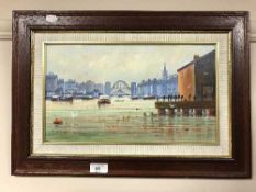Terry Mcardle : A view of Newcastle Quayside, oil on board, 36.5 cm x 21 cm, framed.