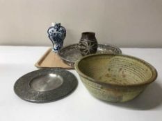 Tray containing a Selangor pewter plate, plated gallery tray,