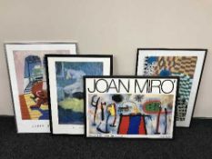 A framed Joan Miro museum art poster together with a David Hockney print and two others