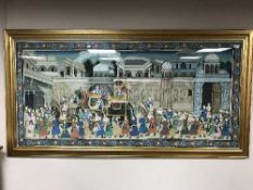 Mughal School : A fine depiction of a palace interior with figures and animals, watercolour,