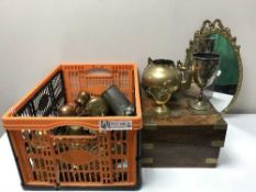 A box of brass and copper ware, plated goblets,