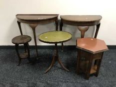 Two d-shaped tables, a leather topped wine table,