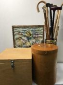 An oak wool fire screen together with a brass stick stand and walking sticks,