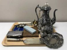 A tray of twentieth century plated ware, teapot and milk jug, cruet set,