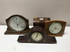 Two Smiths mantle clocks together with an inlaid mahogany clock and domed inlaid walnut casket