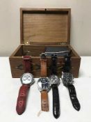 An inlaid box containing fifteen assorted wristwatches and pocket watches including a Sekonda