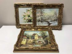 Six contemporary gilt framed oils on panels - Still lifes, winter landscape,