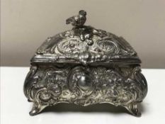 A WMF silver plated jewellery casket surmounted with a bird finial
