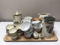 A tray of Morley ware miniature coffee set, part tea sets, two Handley jugs,