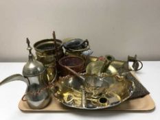 A tray of early twentieth century brass and copper ware, miniature brass coal helmet,
