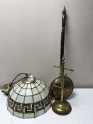 A Tiffany style ceiling light together with a brass mug tree and brass warming pan