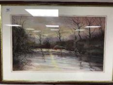 Ray Smith : An angler casting a fly, colour chalks, signed, 33 cm x 56 cm, framed.