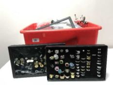 A box of wristwatches, fabrics, costume jewellery, collar studs,