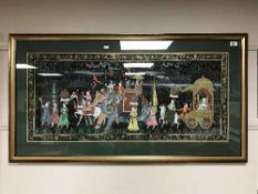 Mughal School : A colourful pageant of figures and a carriage, watercolour, 45 cm x 102 cm, framed.