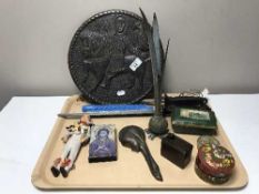 A tray of collectibles including Eastern copper plaque, collectible boxes,