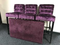 Six purple bar stools, quantity of curtains,